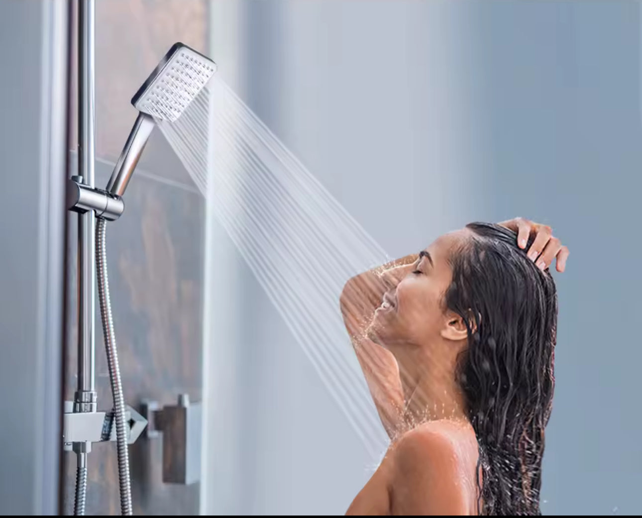 Pommeau de Douche avec 1,5 m de Tuyau – Carré – 6 Modes Réglables